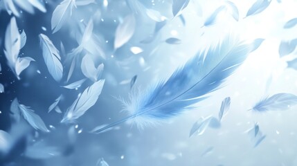 Single Blue Feather Falling Among Many White Feathers