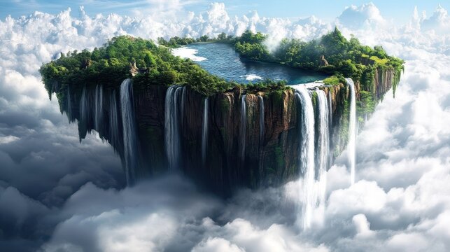 Fantasy Floating Island with Waterfalls and Lush Greenery Amidst White Clouds.