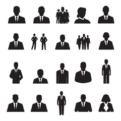 Collection of professional business people silhouettes, in both male and female figures, in different stances (standing, walking), with some carrying briefcases.