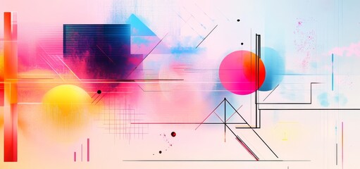 Vibrant abstract wall art featuring colorful shapes and patterns in urban setting during daylight