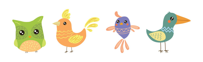 Cute Little Bird with Tail and Wing Vector Set