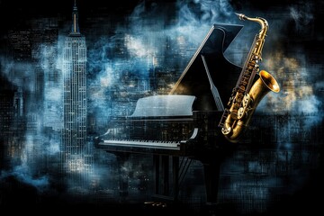 Naklejka premium golden saxophone and grand piano set against a smoky blue cityscape, featuring glowing skyscrapers, moody tones, and abstract textures, creating a harmonious jazz-inspired urban composition