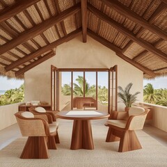 Fototapeta premium Tropical Getaway Relaxing Palm Tree View from a Luxurious Beachfront Bungalow.