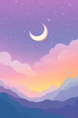 Obraz premium Serene Nightscape with Crescent Moon and Pastel Sky, Minimalist Vector Illustration.