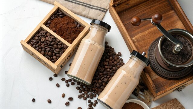 Flat lay of coffee beans coffee grinders and creamy coffee drink bottles in a wooden crate, coffee bottles, coffee grinders, coffee beans, flat lays, wood crates