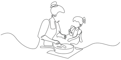 continuous line drawing of mother cooking with daughter in the kitchen.one line drawing of mother and daughter preparing food in the kitchen.single line vector illustration