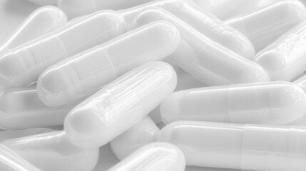 Close-up of White Capsules Representing Pharmaceuticals or Supplements in Minimalist Styl