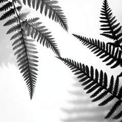 Monochrome Fern Fronds with Soft Shadow Play on White Background, Minimalist Botanical Still Life.