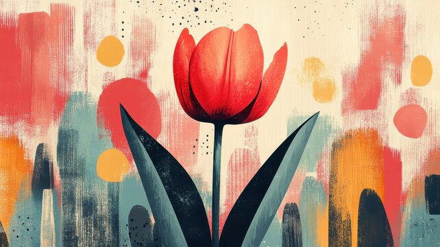 A tulip in a playful, textured pattern illustration, blending vibrant shapes and dynamic colors for a fun and energetic composition.