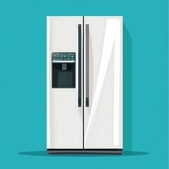 Modern white fridge, front view, teal background, kitchen appliance