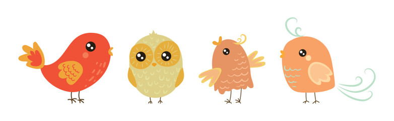 Cute Little Bird with Tail and Wing Vector Set