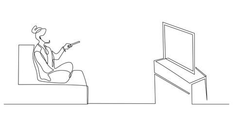 continuous line drawing of woman watching television.one line drawing of woman relaxing in the room,holding a remote and looking at television.single line vector illustration