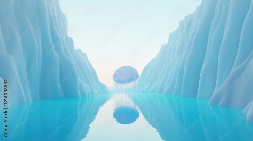 Poster serene abstract landscape with floating orb and calm water