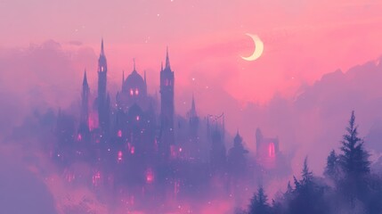 Enchanting Castle in a Pink Misty Mountain Landscape