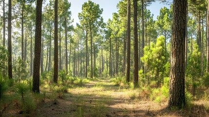 Picturesque pine forest path winding through a lush verdant landscape of towering evergreen trees  This serene and tranquil outdoor scene invites viewers to embark on a peaceful adventure
