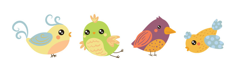 Cute Little Bird with Tail and Wing Vector Set