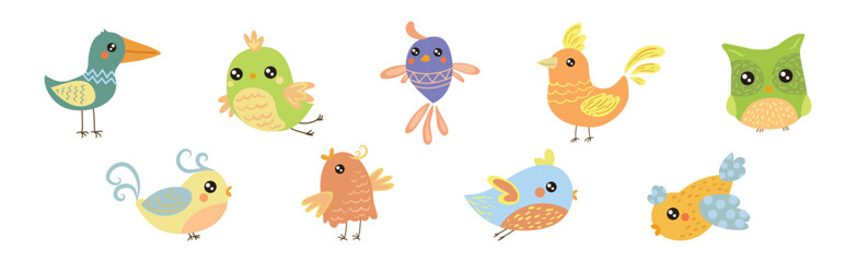 Cute Little Bird with Tail and Wing Vector Set