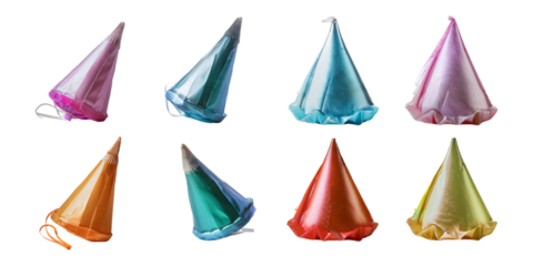 collection of vibrant, cone-shaped party hats in various colors, perfect for festive celebrations, birthdays, or events.