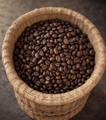 Freshly picked coffee beans in a woven basket, coffee drying, coffee plant stems