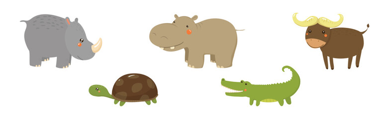 Funny African Animal and Wild Fauna Vector Set. Wildlife and Exotic Zoo Mammal of Savannah