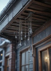 Fototapeta premium Frozen droplets hanging suspended in mid-air from the roof's eaves, roof details, outdoor photography
