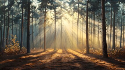 Fototapeta premium A tranquil and mystical scene of a winding dirt path leading through a lush autumn forest with warm golden sunlight streaming through the trees and creating a magical atmosphere