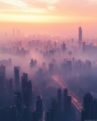 Obraz premium Air pollution and PM2.5 dust Aerial view concept. Smog-filled cityscape from above, with roads and buildings barely visible through the haze