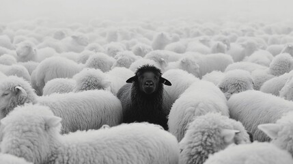 Naklejka premium Black sheep standing out in a flock of white sheep.