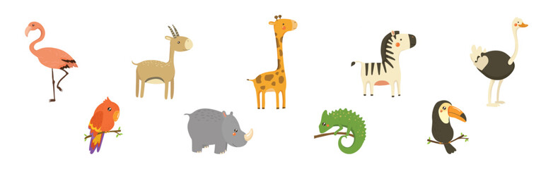 Funny African Animal and Wild Fauna Vector Set. Wildlife and Exotic Zoo Mammal of Savannah