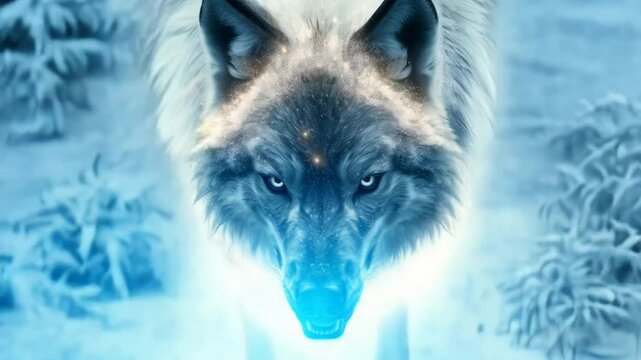 Majestic and powerful wolf in cosmic blue aura, roaming through snowy landscape, true representation of natures beauty and spirit of winter.