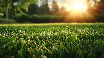 Naklejka premium Picturesque landscape with lush green grass field illuminated by warm sunlight streaming through the vibrant foliage and leaves creating a serene and tranquil atmosphere