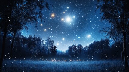 Enchanted Night Starry Sky over a Mystical Forest Meadow with Fireflies.
