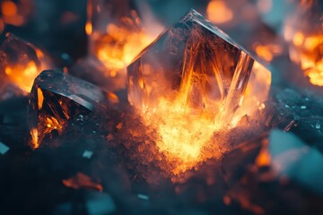 Fiery Abstract Crystal Formation with Glowing Interior and Dark Background.