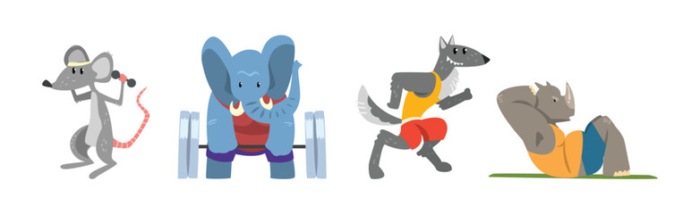 Funny Animal in Gym Do Sport Activity Vector Set