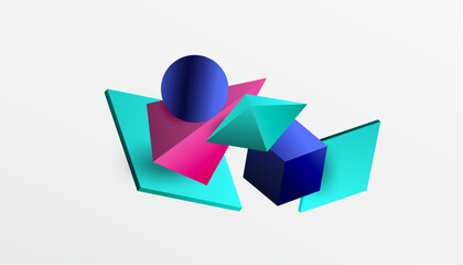 Abstract design showcasing isometric cubes, pyramids, squares, and spheres in a vibrant 3D layout. Modern and dynamic, perfect for tech, design, or futuristic themes