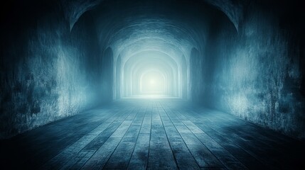 Obraz premium Empty Blue Tunnel With Wooden Floor Boards Leading To Light, Abstract Mystical Background