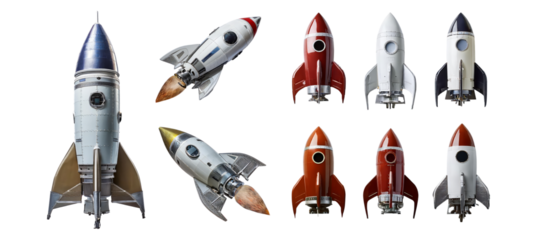Retro futuristic rocket spaceship collection with various designs isolated on transparent background