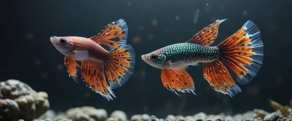 Fototapeta premium Colorful Poecilia reticulata guppy fish with long fins and flowing tails in the water, flowing tails, guppy fish, tropical fish