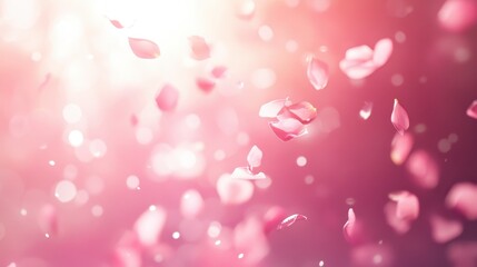 Ethereal Pink Rose Petals Falling with Bokeh Lights on a Soft Gradient Background.