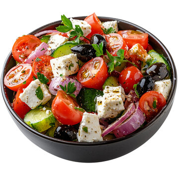 Delicious Greek Salad Fresh Feta Cheese Tomatoes Cucumbers red food meal diet isolated on transparent or white background, png