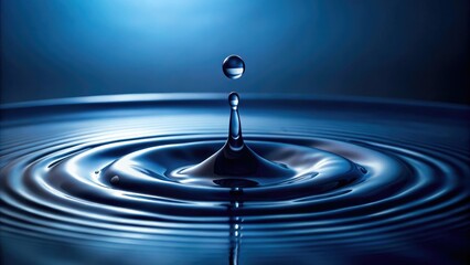Dark indigo background with a single droplet of water falling from the top, creating a subtle ripple effect on the surface below, dripping, still life, indigo