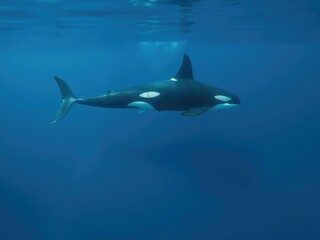 Obraz premium Dark blue orca whale swimming in the ocean, dark colors, blue