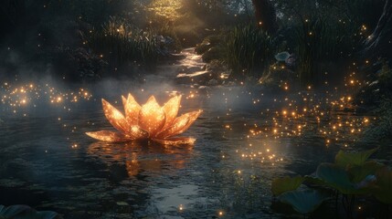 Enchanted Lotus Bloom: A Serene Night in a Magical Forest Pond