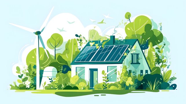 Renewable energy concept featuring a house with green trees and a windmill, highlighting ecological design principles