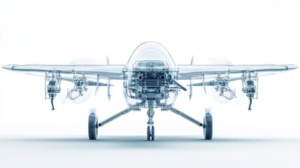 Transparent Blueprint Illustration of a Unmanned Aerial Vehicle (UAV) Drone, X-Ray View on White Background.