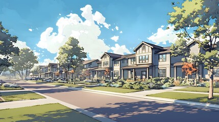 Residential townhomes row in a suburban setting, ideal for real estate and housing development themes