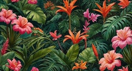 Beautiful red and yellow tropical flowers and foliage blooming in a garden