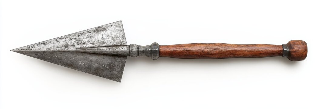 Antique metal arrowhead with wooden handle on white background.