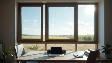 Fototapeta premium desk under a large window with a summer morning view, serene ambiance, window view