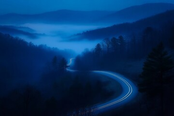 Winding road with light trail in mountains at night. Fog valley. Beautiful landscape. Road and forest in the fog background